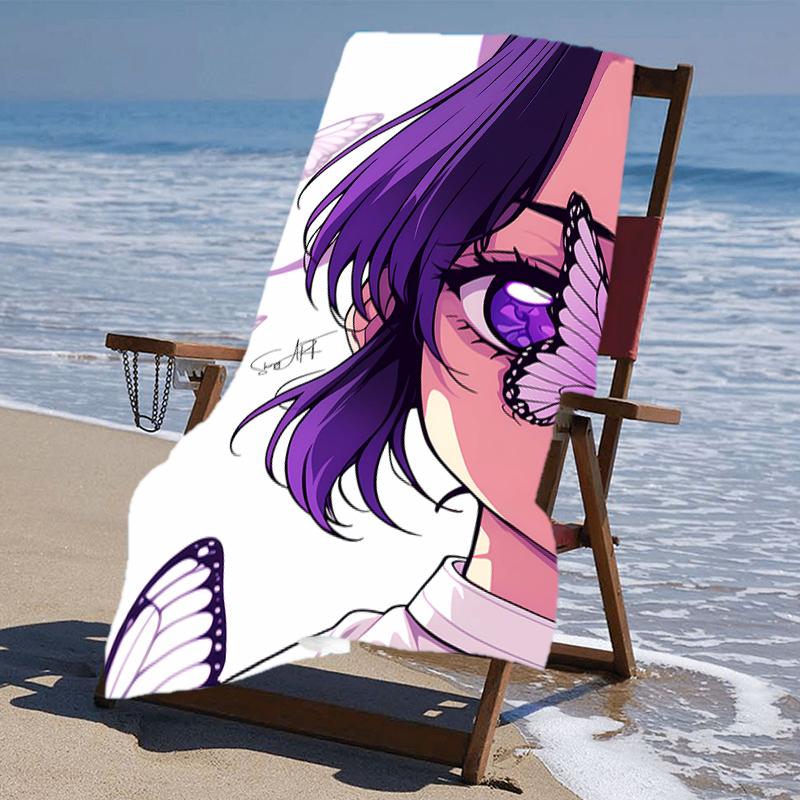 proof beach towel with a Demon Slayer Shinobu Kocho pattern - soft,absorbent,quick-drying,machine washable - perfect for swimming,camping,bathing