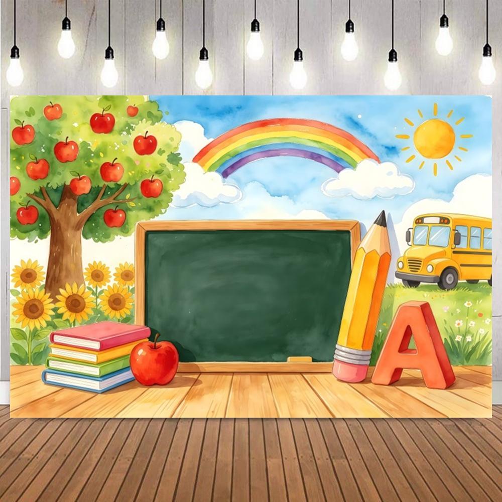 Back to School Rainbow Balloon Backdrop Stationery Pencil Ruler Backpack Globe Kids First Day of School Party Photo Backgrounds