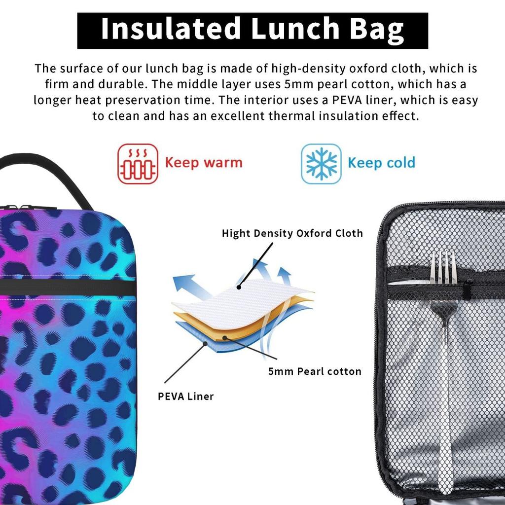 Colorful Wild Leopard Skin Animal Pattern Insulated Lunch Bag for Women Kids Leakproof Food Boxes Thermal Lunch Box Tote