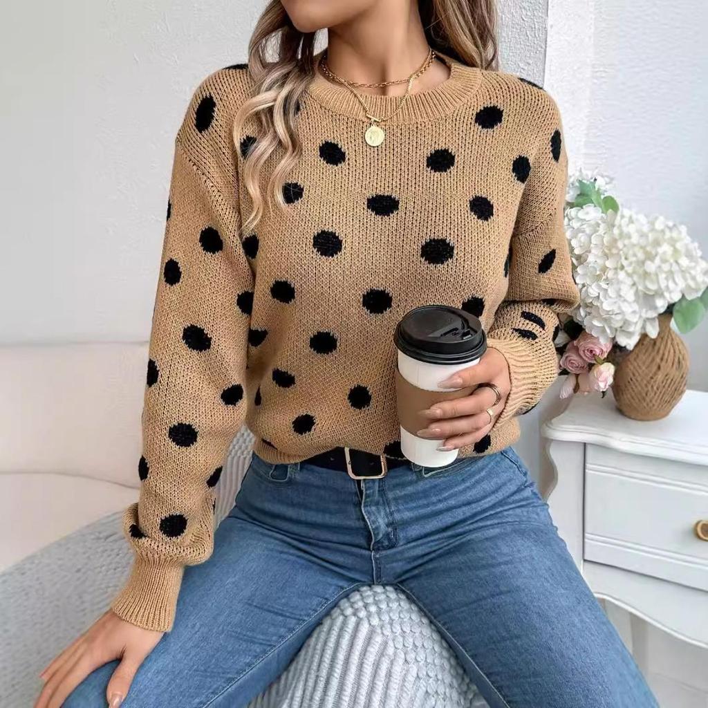 Autumn Winter Casual Color Block Polka Dot Long Sleeve Pullover Sweater Women's Fashion