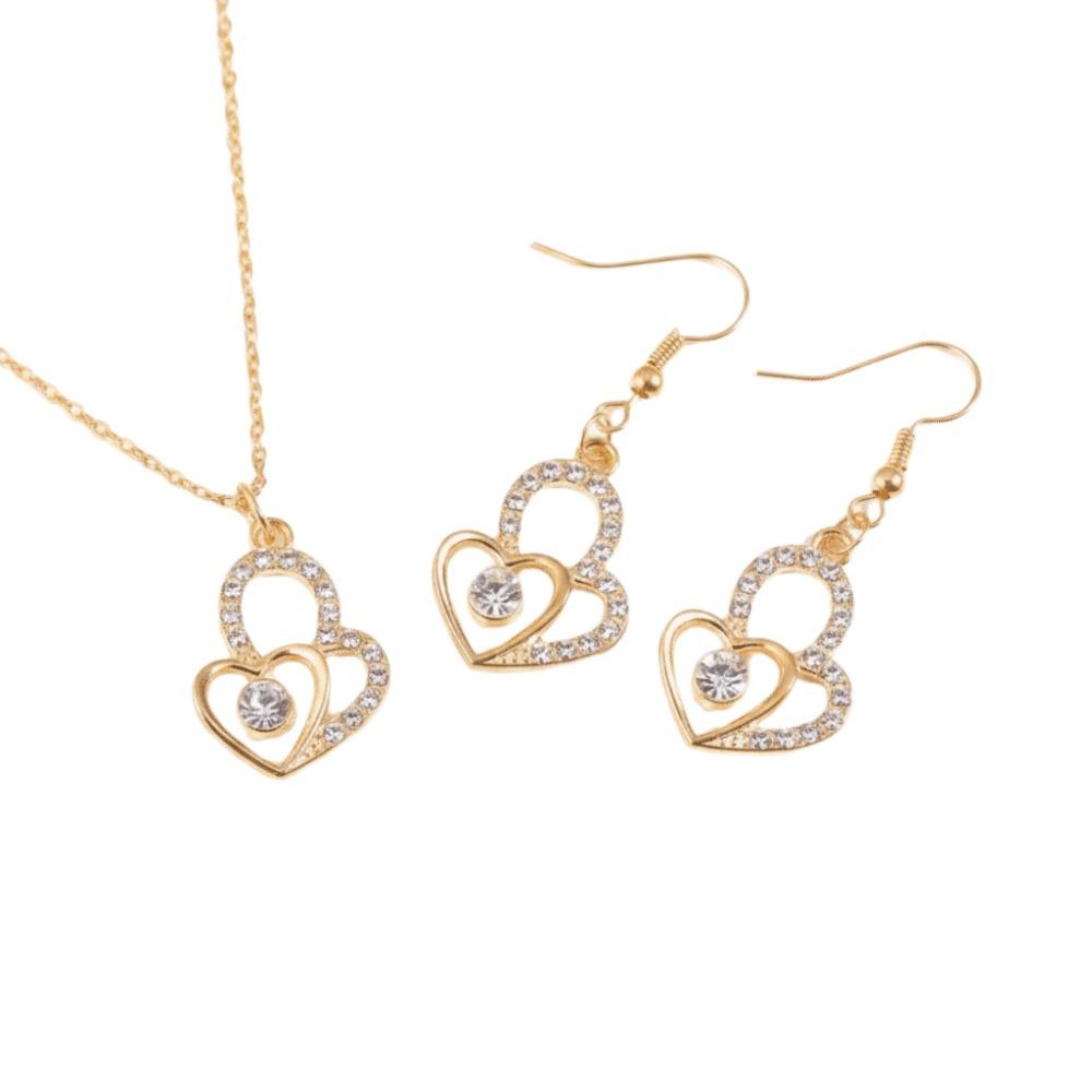 Gold Color Love Charm Earrings Exquisite Silver Color Double Heart Necklace 3Pcs Set Light Luxury Bridal Accessory Set
