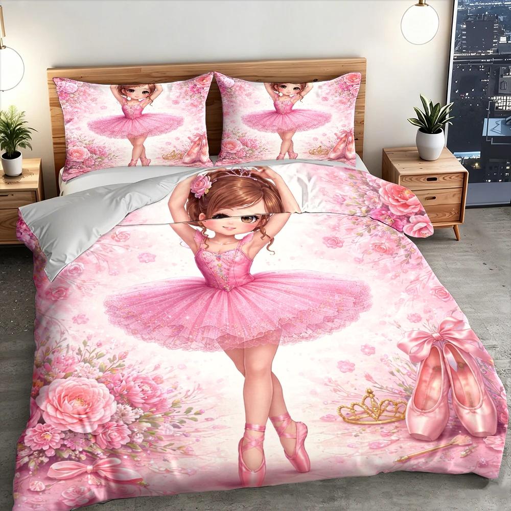 3Pc Ballet Princess Pink Floral Duvet Cover Set, 1*Duvet Cover + 2*Pillowcases, Three-Piece Bedding Set, Suitable for All Seasons, Machine W