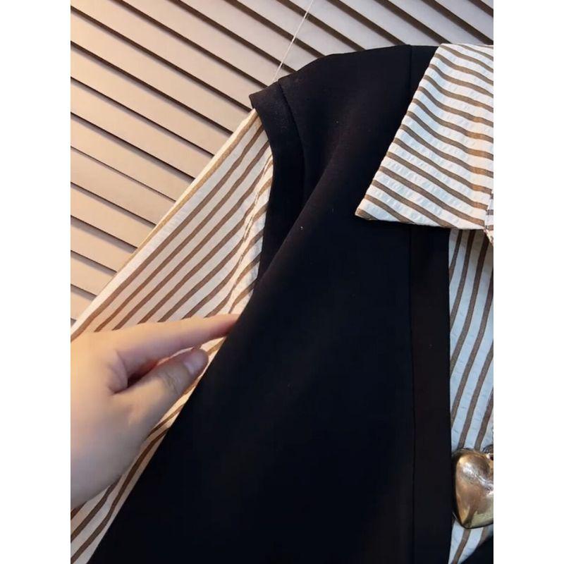Plus Size Women's Clothing 2025 Spring Fake Two Pieces Shirts Tops Female Slim Looking Fat Sister Plus Size Ladies Unique Chic Korean Style