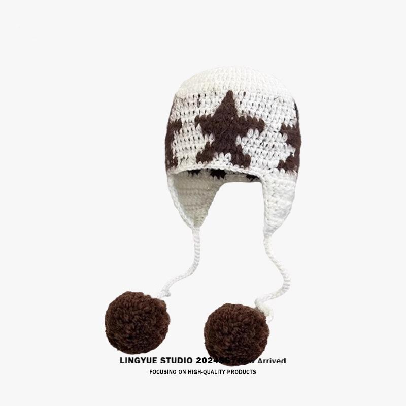 

Шапка Женская Пятиконечная Звезда Меховой Помпон Шерстяная Шапка Ретро Вязаная Крючком Шапка Зимняя Универсальная Шерстяная Шапка Утепленная Защита Ушей One Size