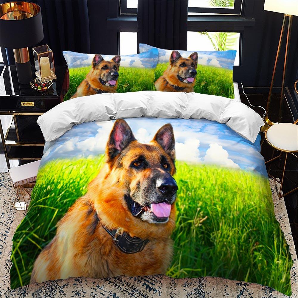German Shepherd Duvet Cover Set King/Queen Size Purebred Hound Animal Bedin Set Kids Cute Dog Puppy Polyester  Meeting Cover