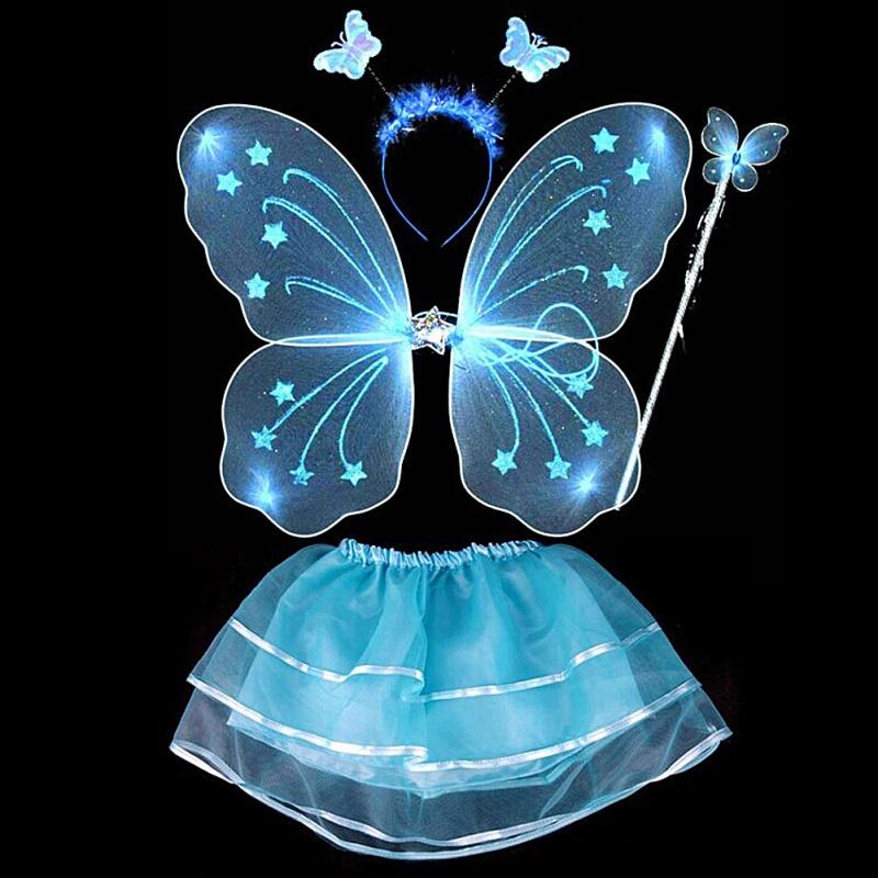 4Pcs Fairy Princess Children Costume Sets Butterfly Wings Wand Headband Tutu Skirt