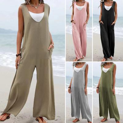 Women Romper Solid Color Simple Comfortable Sweet Anti-pilling Loose Type Casual Sleeveless Deep Crotch Summer Jumpsuit Daily Clothes