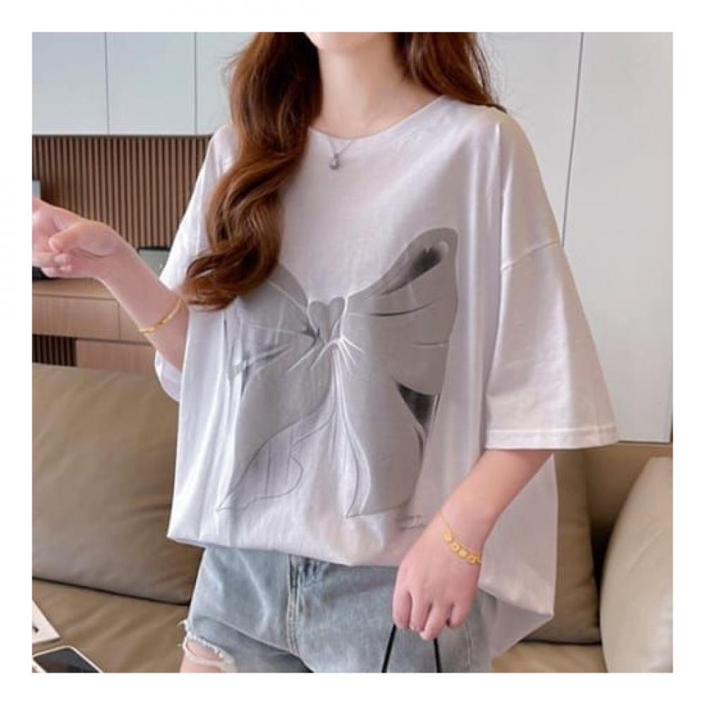 Navava Loose FiT Ribbon PrinT ShorT Sleeve Round Neck T shirT nT1839