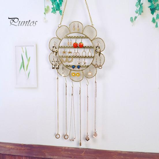 Multi-functional Jewelry Display Rack Earrings Stand with Metal Chain Flower Shape Grid Design Large Hooks Holder Capacity Wall Decoration Hanging