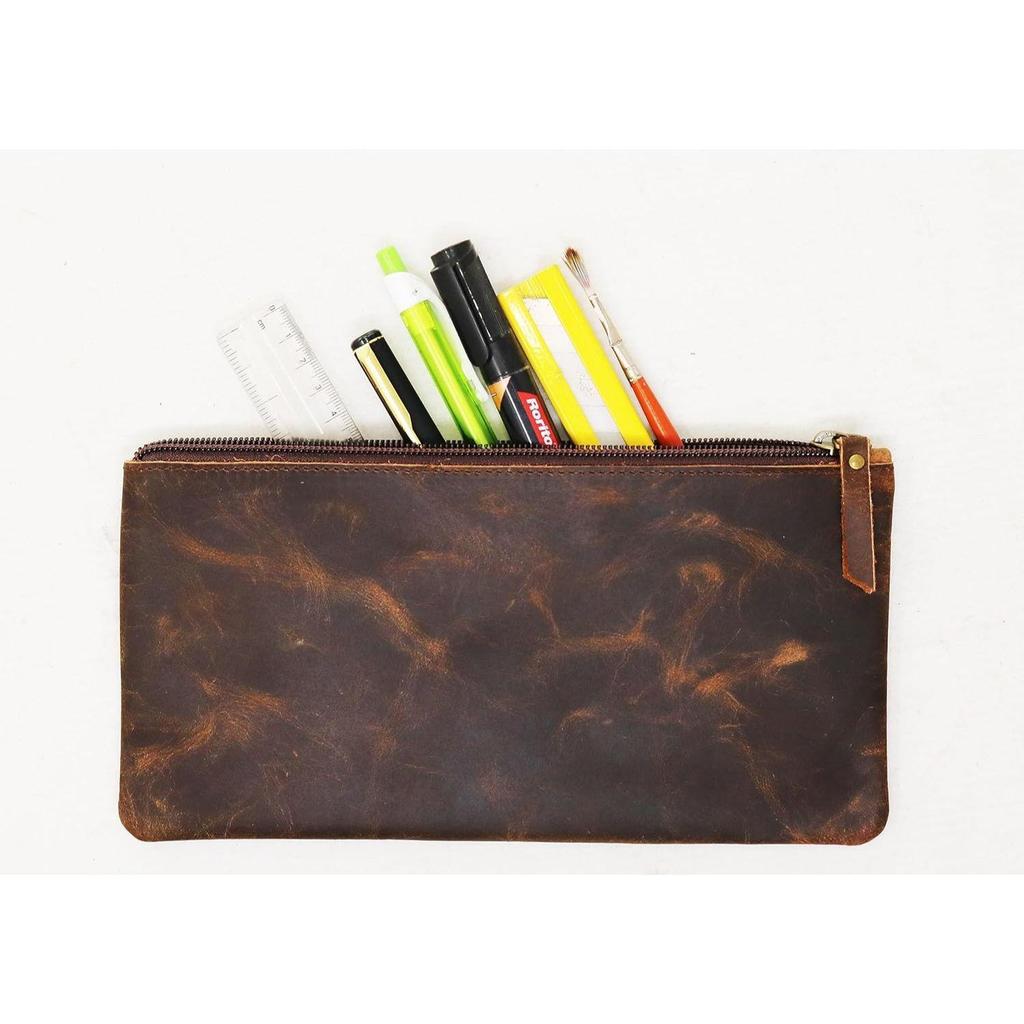 New Genuine Vintage Leather Pencil Case Pouch Pen Holder with Zipper Closure Brush Organizer Art Painting Supplies Office Marker Box