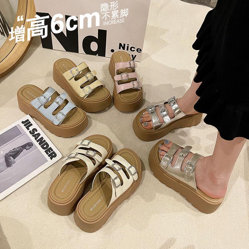 Small Thick Bottom Heightening Cool Slippers Women Wear 2025 Summer New Internet Celebrity Rhinestone Muffin High Heel One-word Drag
