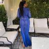 Women V Neck Outfits Elegant Mesh Tie Up Ruffle Holiday Sexy See Through Maxi Dress