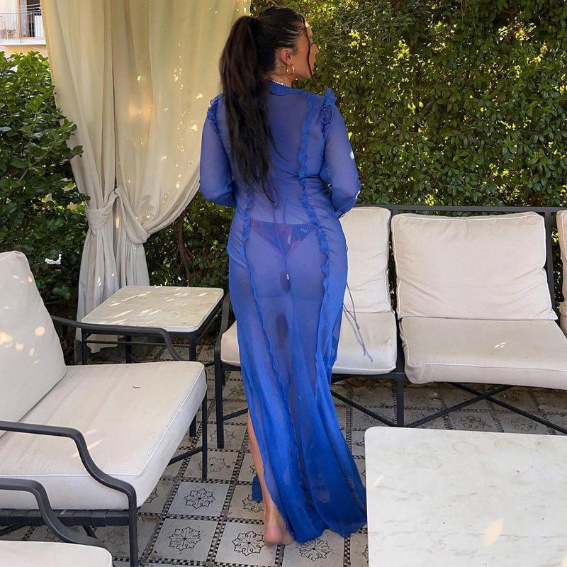 Women V Neck Outfits Elegant Mesh Tie Up Ruffle Holiday Sexy See Through Maxi Dress