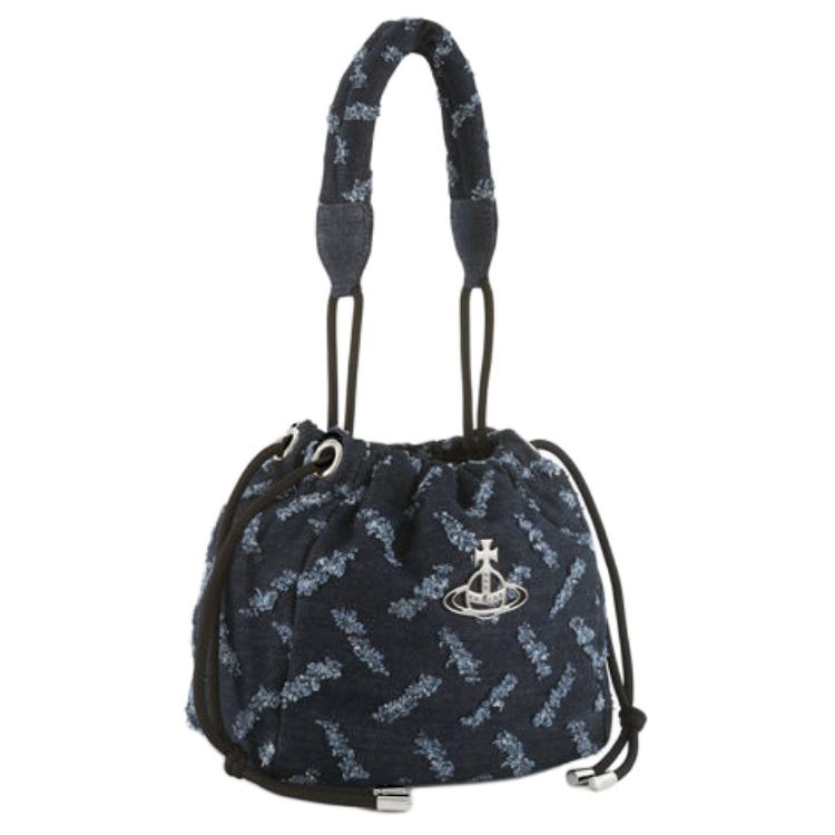 VIVIENNE WESTWOOD Hilary Denim Pattern Silver Hardware Cotton Bucket Bag Women Handbags Indigo 4C03000AUW01BOINDIGO