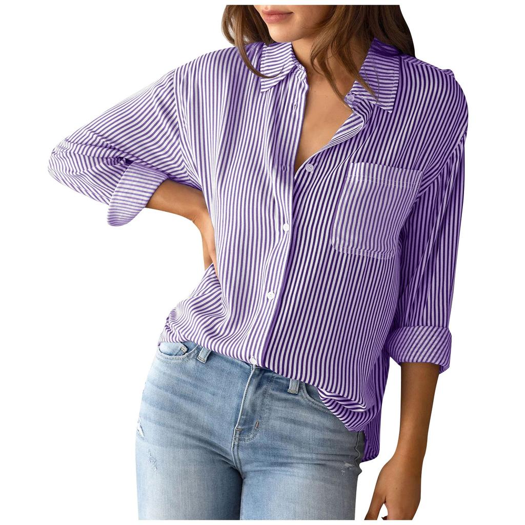 Women's Long Sleeve Striped Button Down Pocket Top