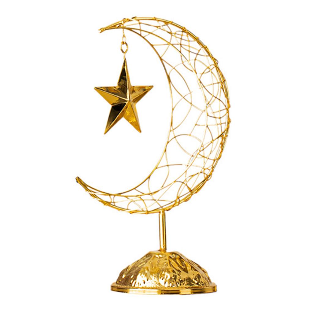 Eid Mubarak Ramadans Handheld Moon and Star Metal Hollowed Ornament Decors with Base for Muslims Islamic Party Supplies