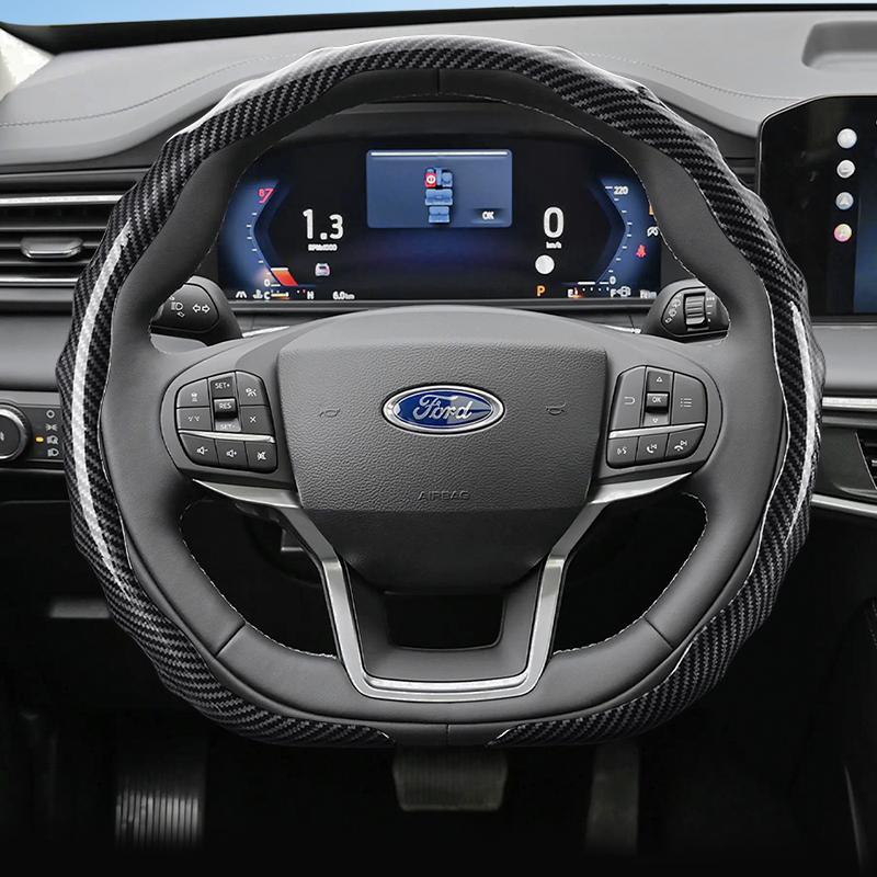 UYEG8 Suitable for Ford Carbon Fiber Texture Steering Wheel Cover with Snap-On Wave-Shaped Sport Design