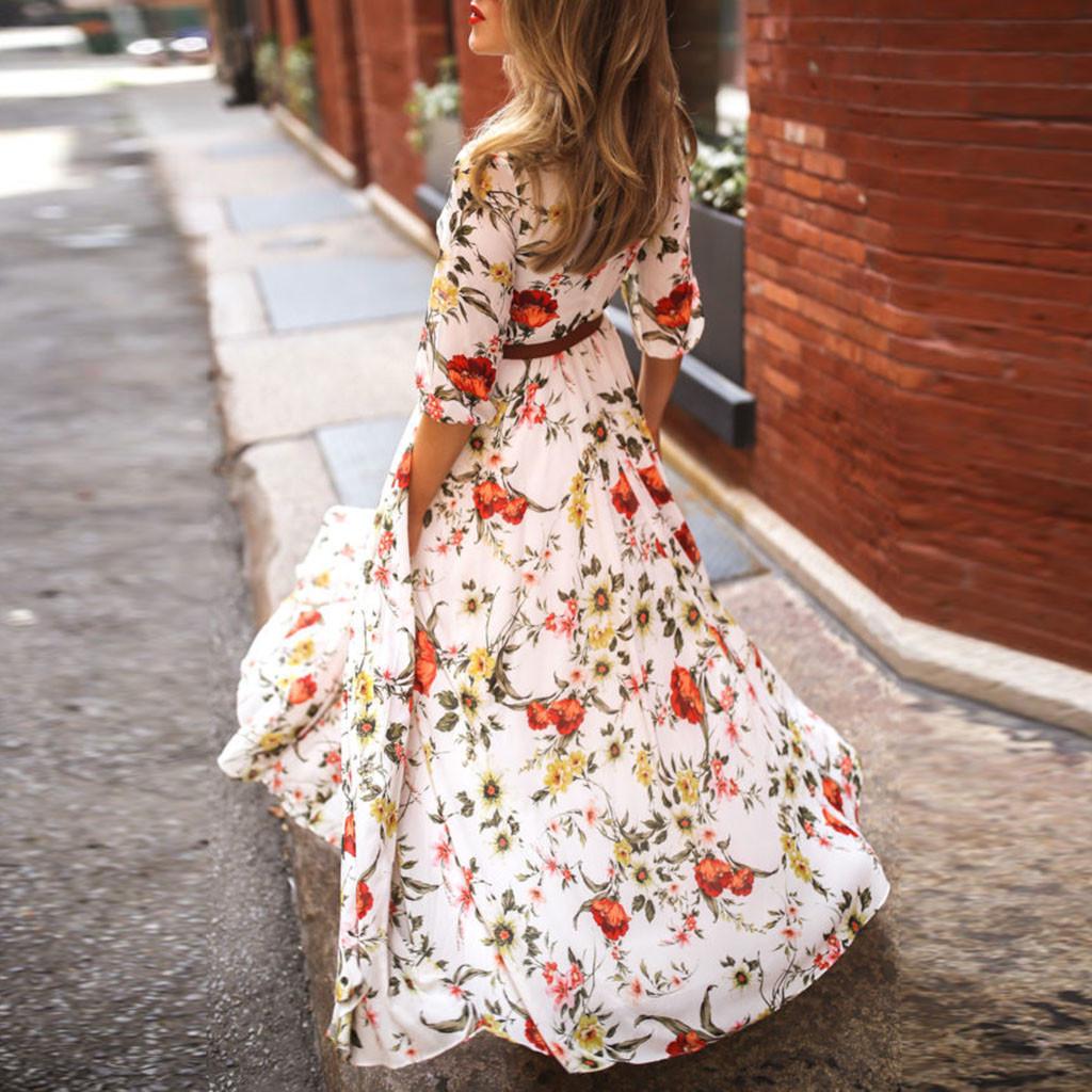 Abito Maxi Vintage a Fiori Stampa Floreale Primavera Moda Donna da Ufficio Elegante Manica Lunga Girocollo Abiti da Donna