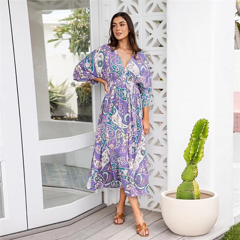 European And American Style Summer Ladies New Sleeveless Long Skirt V-neck Split Seaside Vacation Loose Printed Dress