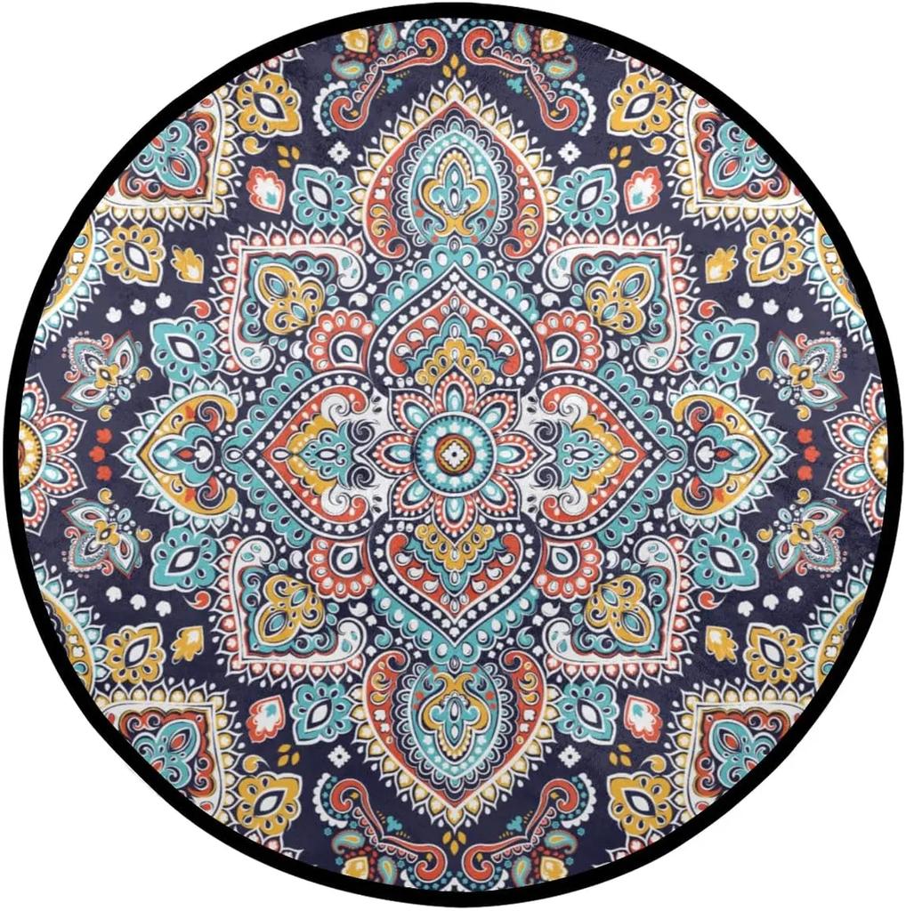 Abstraktní Boho Květinová Mandala Kulatý Koberec Exotický Květinový Kruh Koberec do Obývacího Pokojí Měkká Protiskluzová Podložka do Dětského Pokojí Vstupní Podlahová Rohož