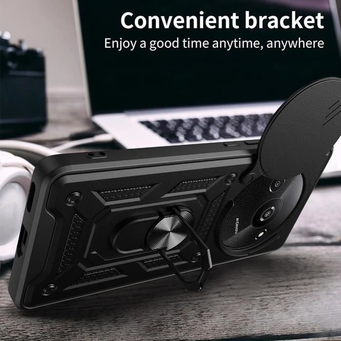 Coque pour Xiaomi Redmi A3 - Antichoc - Support à Anneau Rotatif - 2 Verres Trempés - Noir