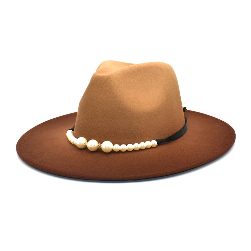Women Men Fedora Hats Soft Wide Brim Jazz Hat Gradient Color Pearls Top Caps Autumn Church Panama Sombrero Caps Cowboy Hats