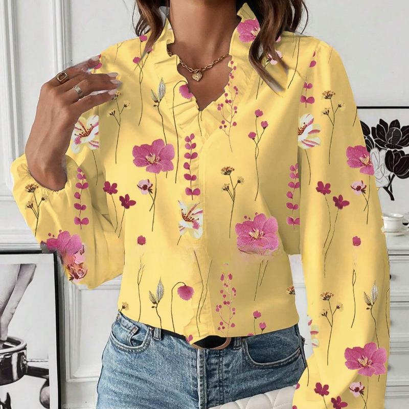 Móda Vintage Květinová Volná Košile s Dlouhým Rukávem Dámská Volánkový V-výstřih Potisk Ležérní Halenky pro Ženy Elegantní Slim Fit Jednoduché Košile pro Kancelářské Dámy 26502
