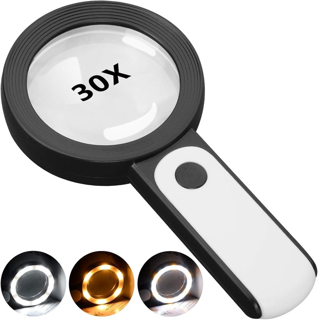 AMIUKON Handheld Magnifying Glass with 30x 18 3 for Children and Jewelry Exploration Light, Magnification, Large, LEDs, Modes, Portable, Seniors,