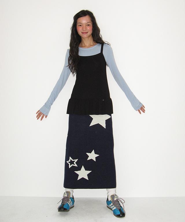 Ronron Star Pattern Banding Knit Long Skirt Navy