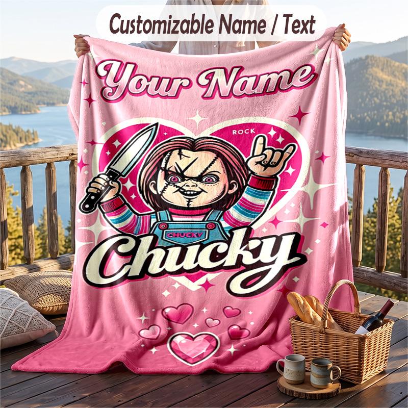 Custom Text Flannel Throw Blanket, Lightweight Cozy Bed Sofa BlanketChild's Play Chucky Tiffany