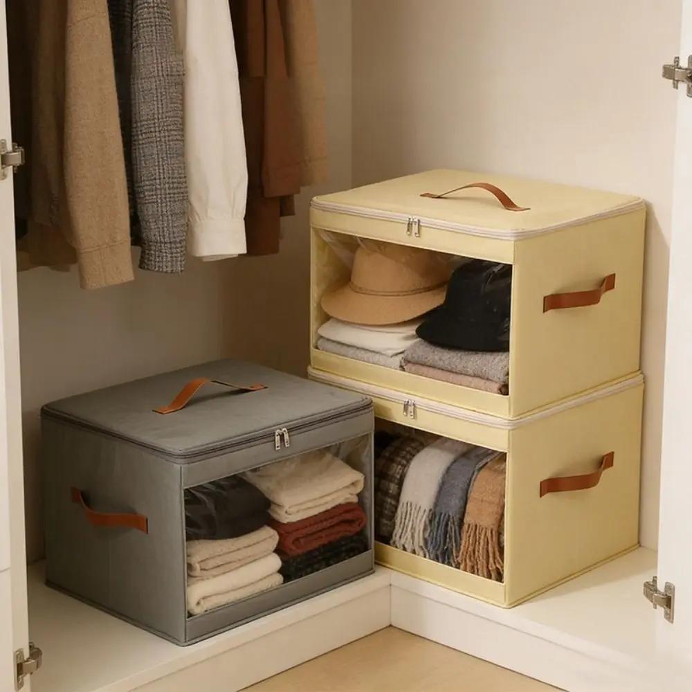 Non-woven Fabric Square Storage Box Large Capacity Zippered Clear View Clothes Storage Box with Handle Folding Clothes Organizer