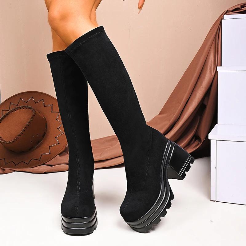 Fashion New Women's Chunky Platform Knee-High Boots Thick High Heels Punk Long Boots Woman Plus Size Slim Stretch Autumn Winter Boots