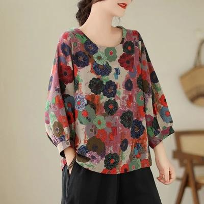 Cotton and Linen Long-sleeved Tops for Mom Women's Spring Printed Colors Plus Size Women's Nine-quarter Sleeve Shirt T-shirt New Style