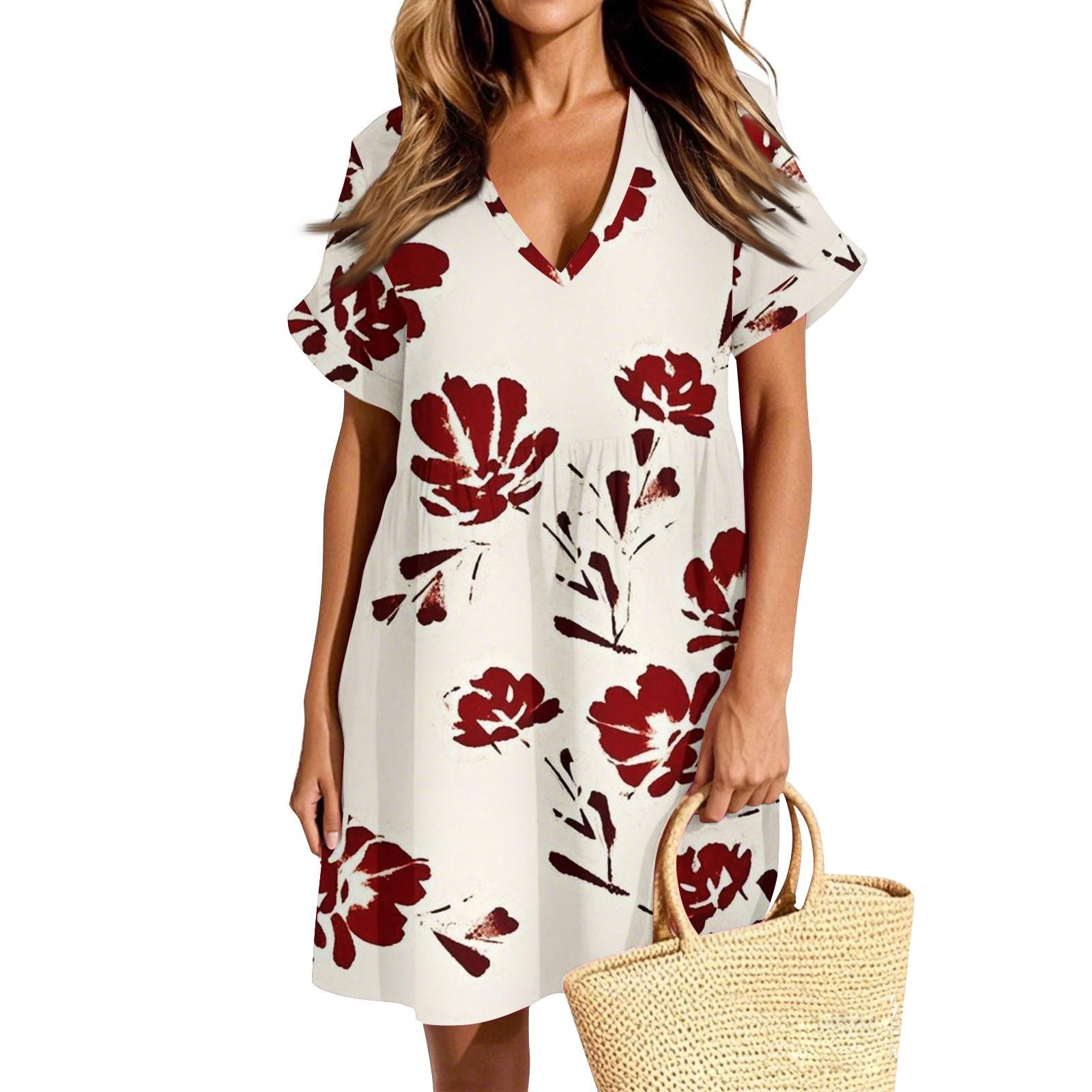 

Женское повседневное модное платье с винтажным цветочным принтом и коротким рукавом и V-образным вырезом L