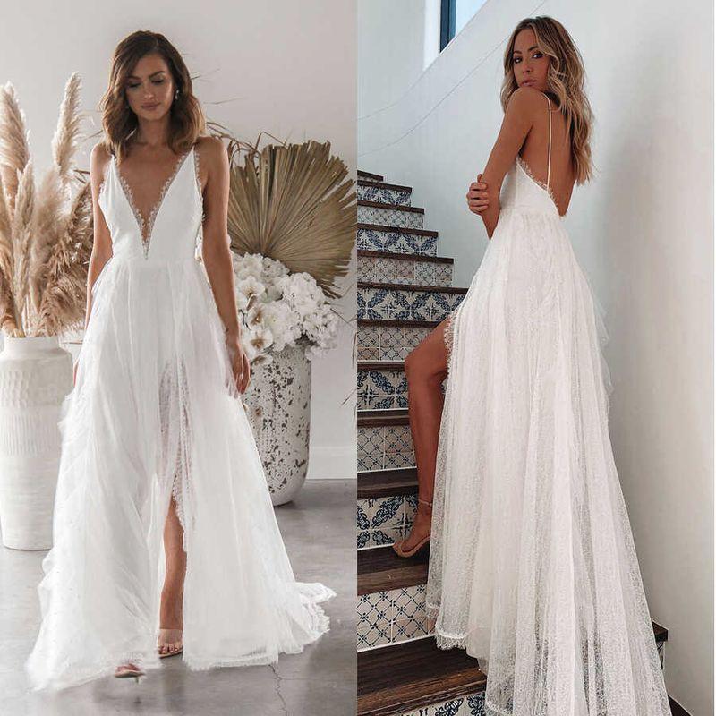Beach White Sexy Dress Beach Skirt White Big Hemline Sexy Sling Formal Dress Split Dress Women