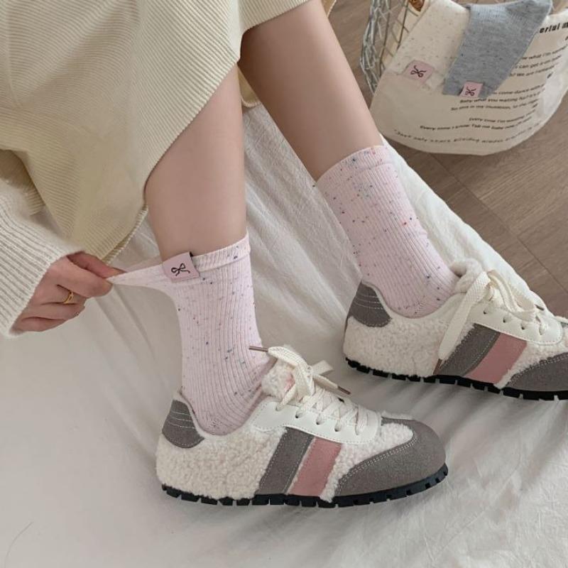 Autumn and Winter College Style Cotton Socks, Colorful Polka Dot Yarn Bow, Fabric Label Mid-calf Socks, Pile Socks for Girls
