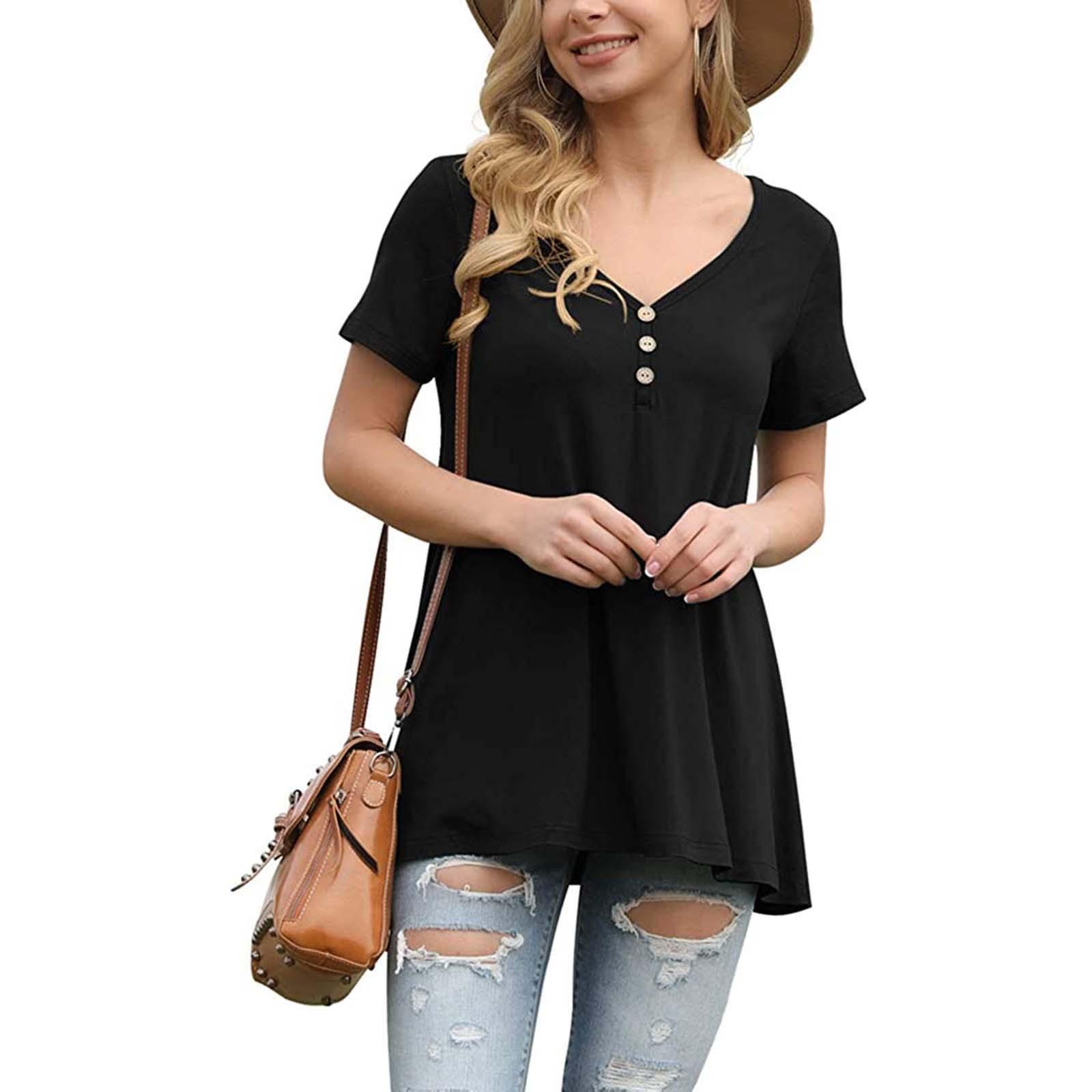 

Women Fashion V-collar Short Sleeve Girdle Easy Leisure Time Button Blouse XXL чёрный