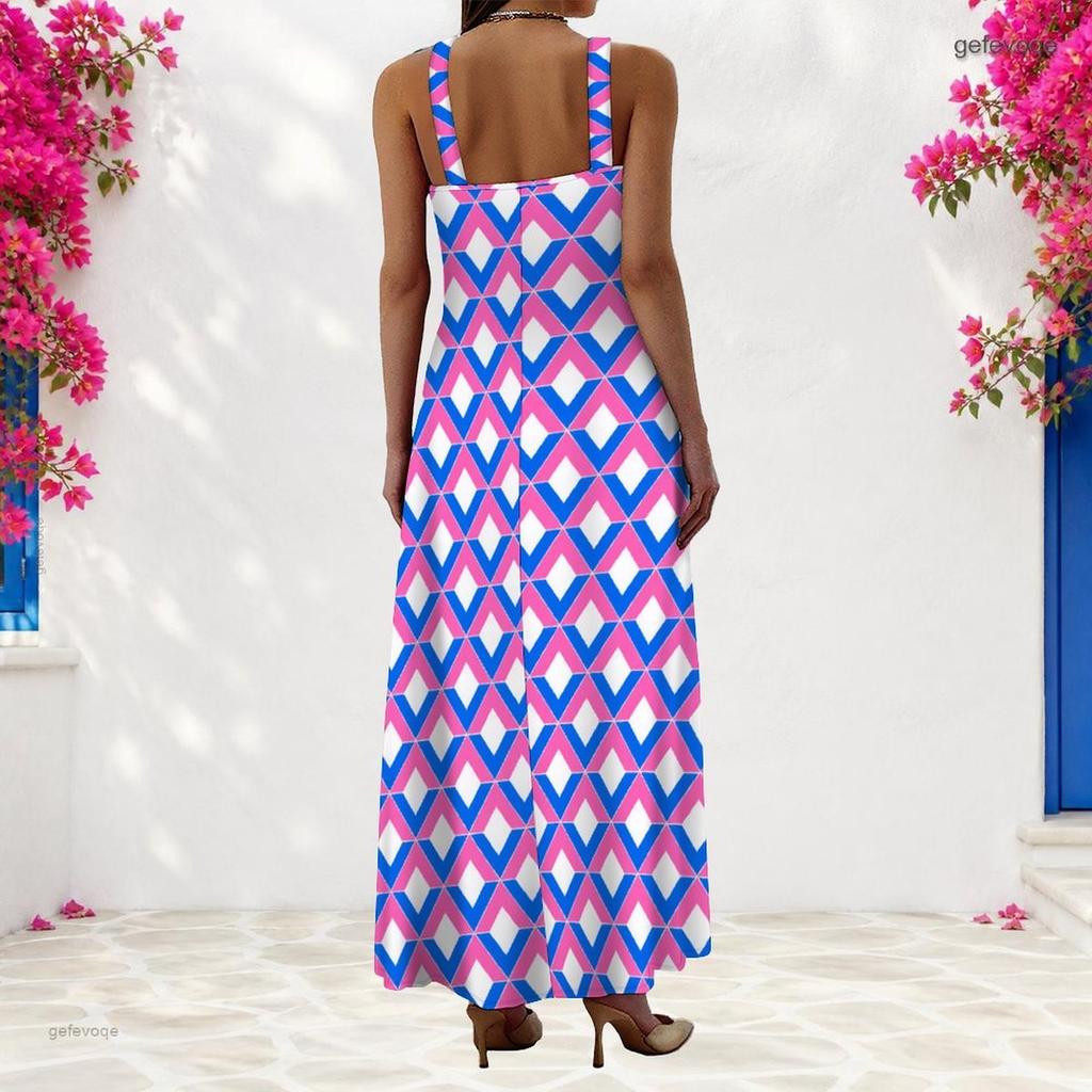 Women Plus Size Scoop Neck Strappy Sleeveless Abstract Printed A Line Maxi Dress