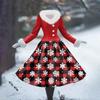 Women's Casual Dress Long-Sleeve V-Neck Patchwork Fleece Christmas Print Dress