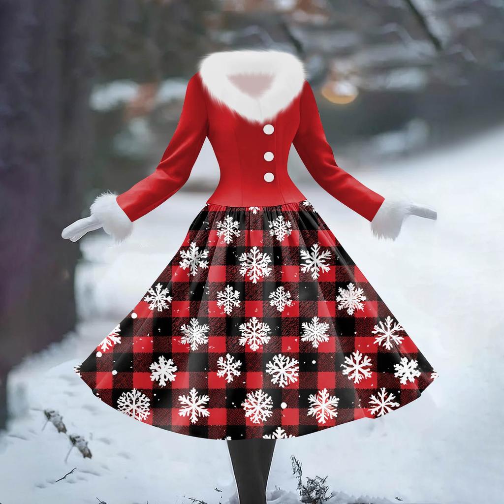 Women's Casual Dress Long-Sleeve V-Neck Patchwork Fleece Christmas Print Dress