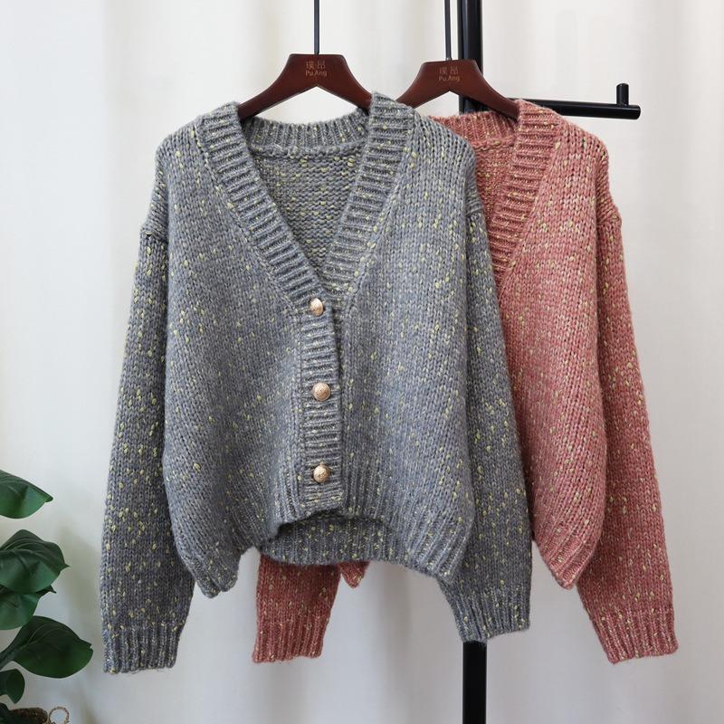 Autumn and winter new V-neck loose short knitted cardigan gentle wind soft waxy lazy wind sweater jacket women