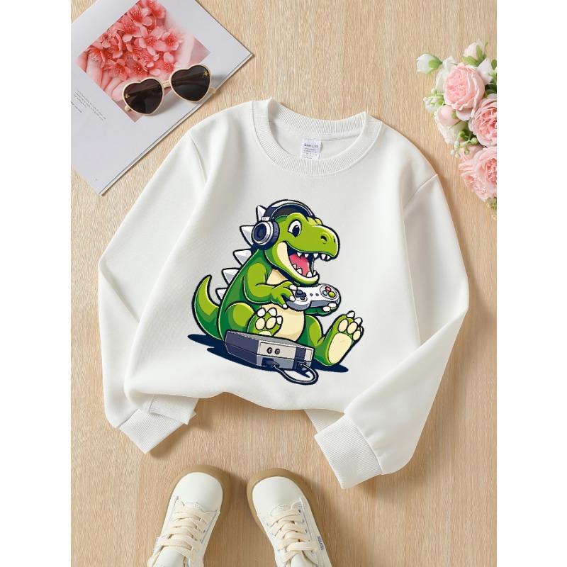 European sizes Dino Gamer Controller Headphones Console Girls' Crew Neck Sweatshirt, Western Style, Long-Sleeved, Casual Colors for Young Girls.