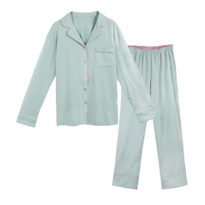 Pijama Rose Halcyon Respirável Longo Liso Fofo para e Inverno Tamanho Roupa de Casa, Conjunto de Duas Peças, Abertura Frontal, Confortável, Algodão, Mangas, Calças, Verde,