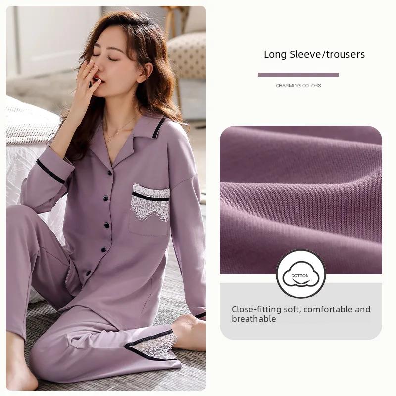 Ladies' 100% Cotton Long Sleeve Pajama Set Spring/autumn Thin Style Winter Warm Homewear Suit