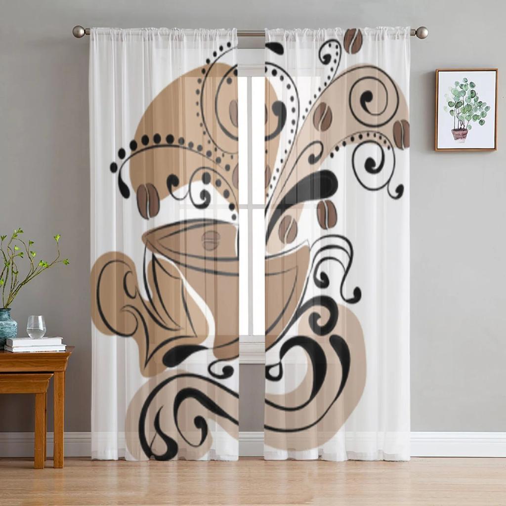 Coffee Tulle Curtains For Living Room Decoration Modern Chiffon Sheer Voile Kitchen Curtain