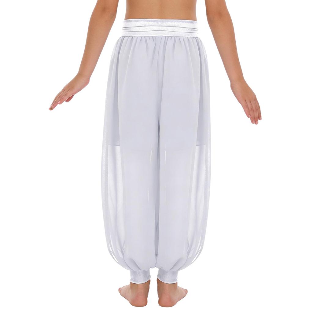 Shorts de Danse du Ventre pour Filles Chiffon Anneau O Taille Froncée Pantalon à Fente Latérale Costume d'Halloween Carnaval