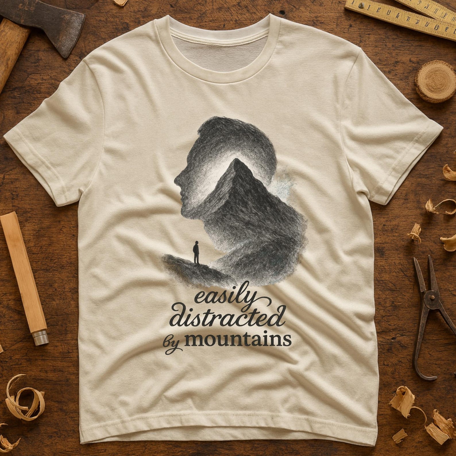 Mountain Sketch Tee – Minimalist Nature Double Exposure Art 3XL