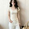 Korean Pure Desire Style Lace U-neck Short-sleeved T-shirt Women's Summer Slim and Thin Sweet Spice Girl Front Shoulder Temperament Beautiful Top