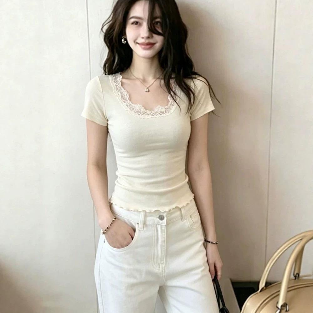Korean Pure Desire Style Lace U-neck Short-sleeved T-shirt Women's Summer Slim and Thin Sweet Spice Girl Front Shoulder Temperament Beautiful Top