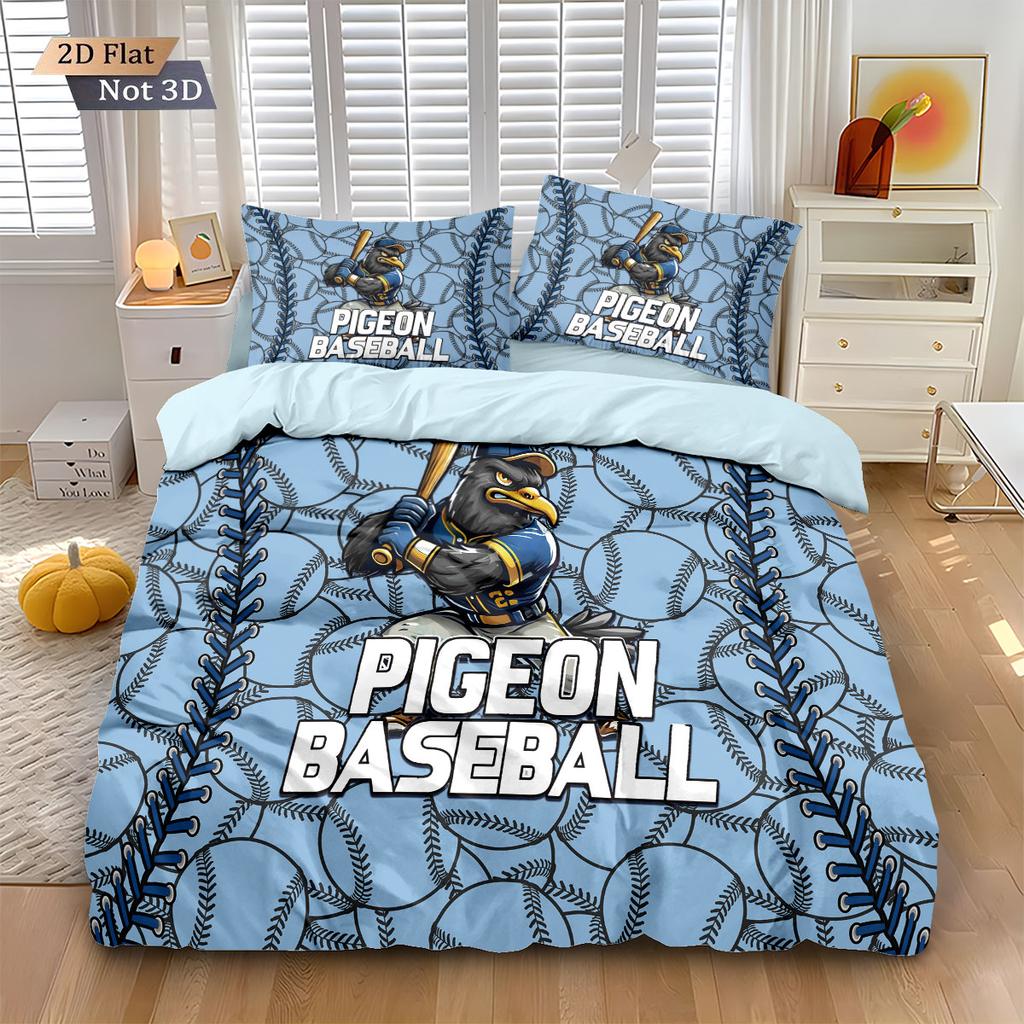 3Pcs Cartoon Pigeon Baseball Pattern Print Coreless Down Duvet Cover Set Multi Size Bedroom Bedding Decoration Machine Washable